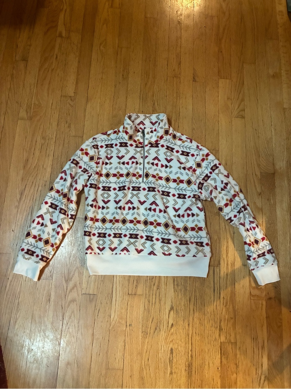 Natural Reflections Cream Quarter-Zip Pullover with Red and Brown Pattern